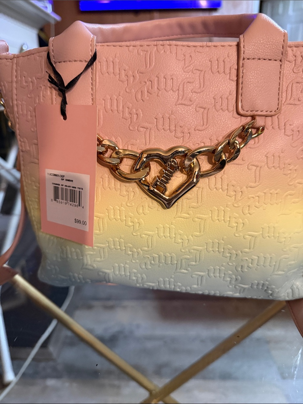 Juicy Couture Pink to Cream Ombre Tote with Gold Heart Chain